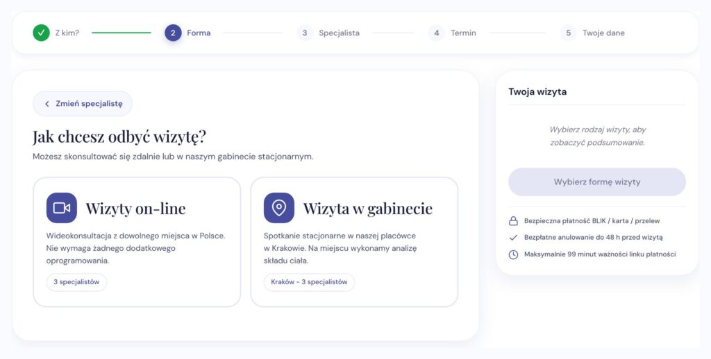 Kreator rezerwacji Waga Zmiany: wybór wizyty online albo w gabinecie w Krakowie